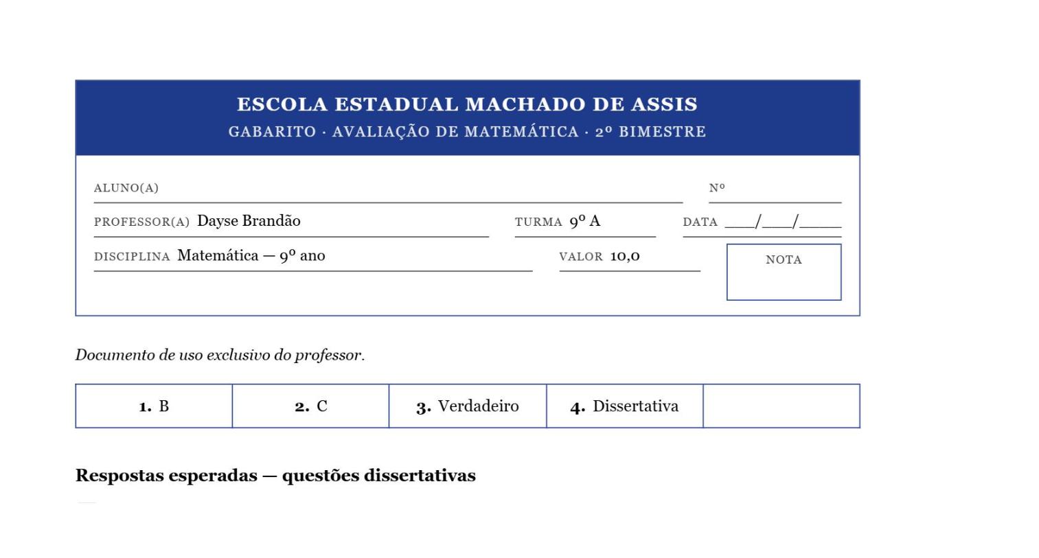 Gabarito em grade, com as respostas de cada questão numeradas