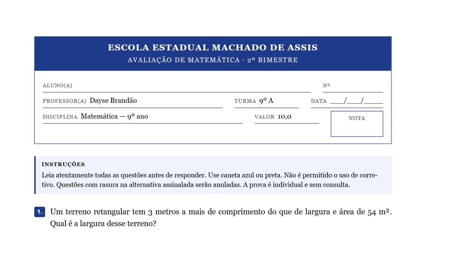 Folha da prova com cabeçalho oficial, bloco de instruções e primeira questão